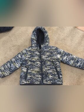 L.L. Bean Kids' Navy, Light Blue & Olive Camouflage-Print Hooded Puffer
